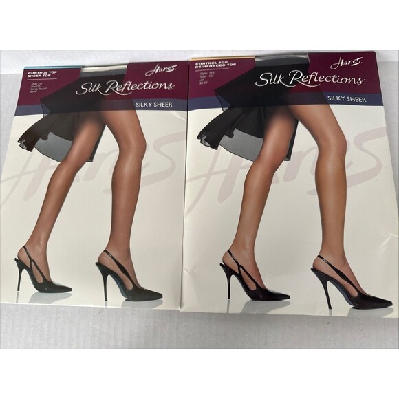 Hanes Silk Reflections Silky Sheer Nylons Sz CD Black Control Top 1-718 1-717 - Picture 1 of 2